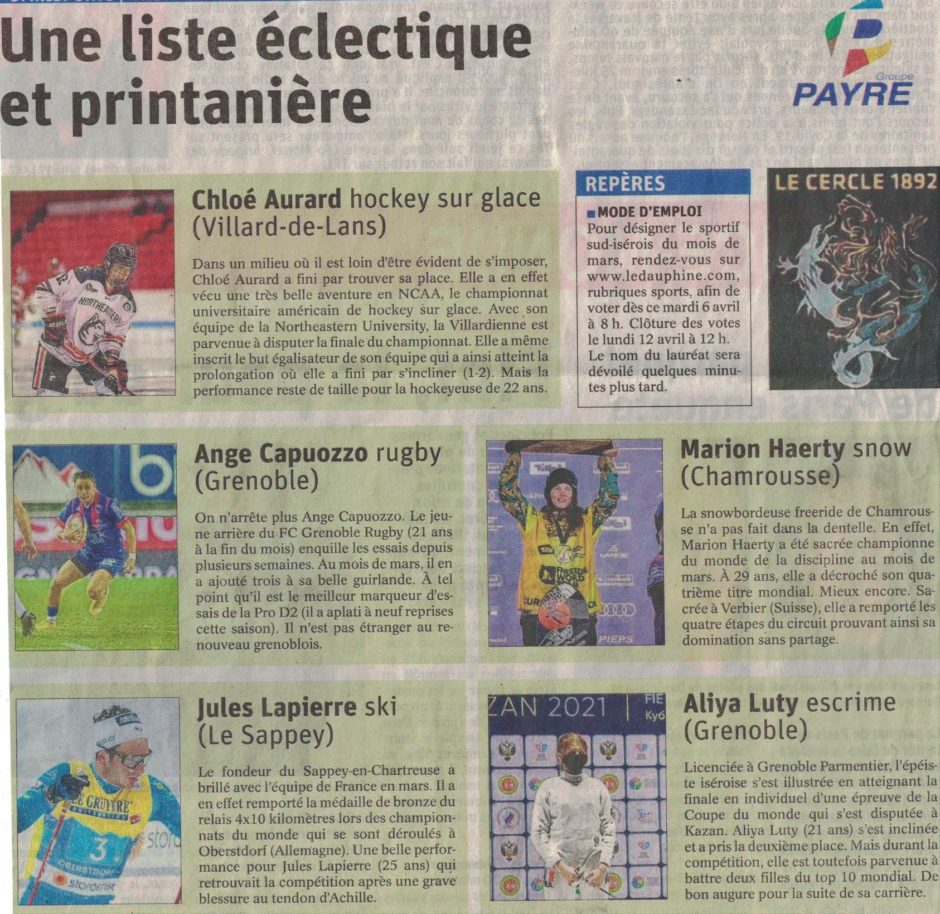 Article issu du journal Le Dauphiné Libéré du 5 avril 2021 nominant Aliya Luty pour le titre de sportif.ve du mois.